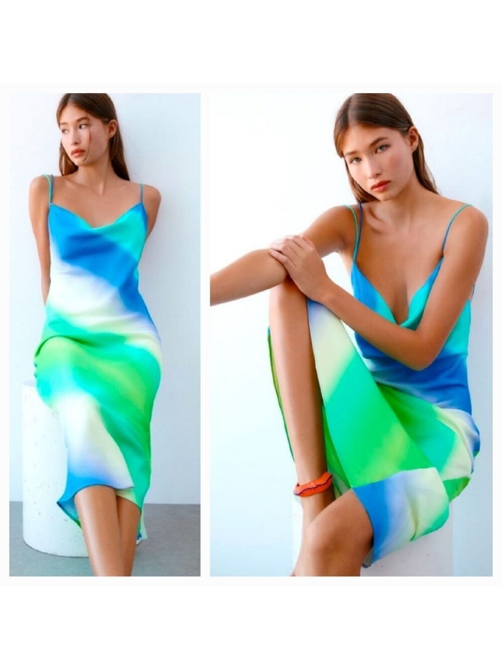 NWT Zara Multicolored Tie Dye Satin Effect Cross Back Dress, Size L